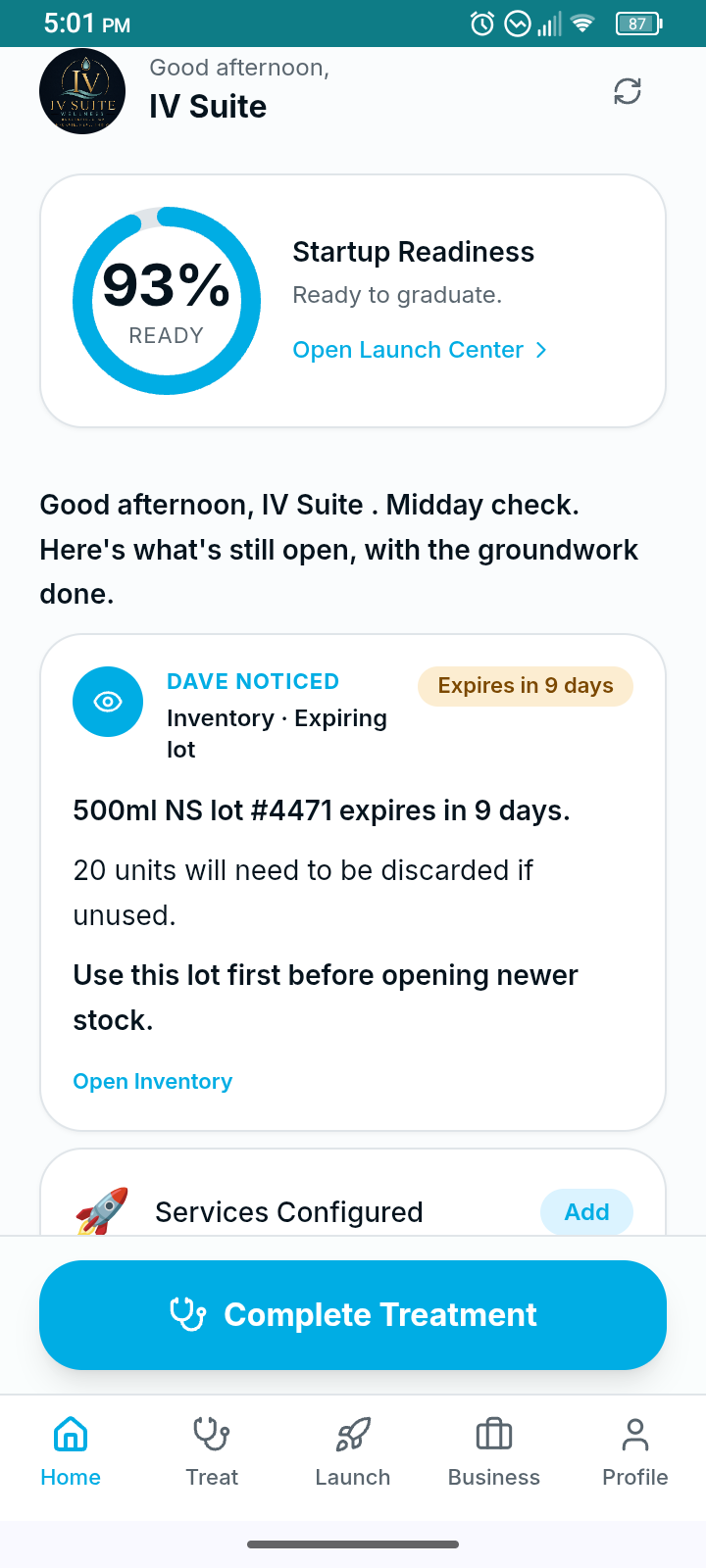 Mobilyte Launchpad home screen with Dave's daily briefing